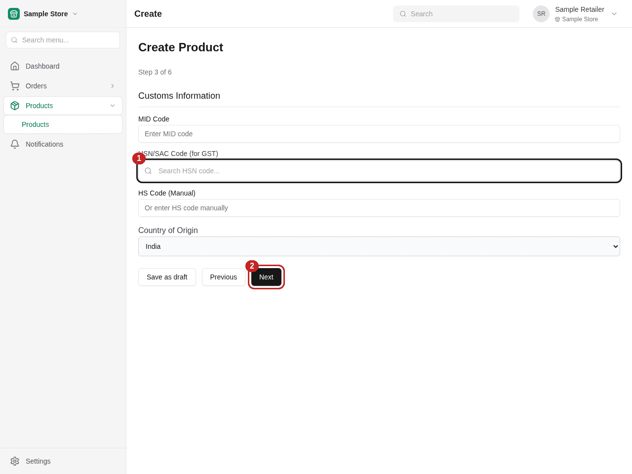 1 — Search for the applicable HSN/SAC code. 2 — Next continues to the following step.