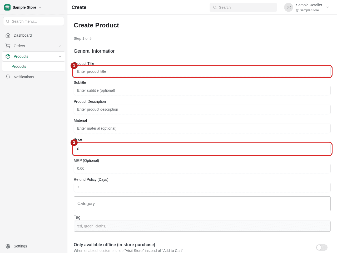 1 — Enter the product’s name. 2 — Set its price. Continue down the form to choose Category and Next.