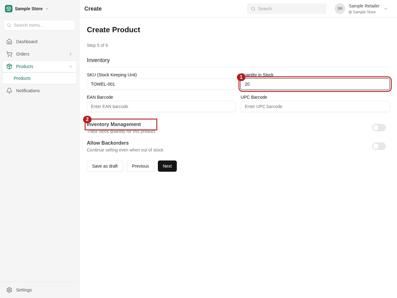 1 — Set the stock quantity. 2 — Review whether inventory should be tracked.