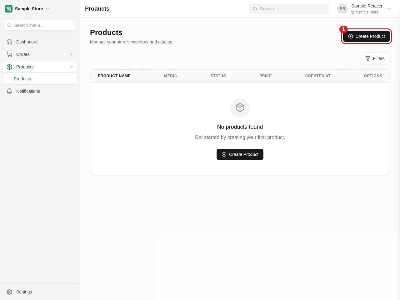 1 — Create Product opens the guided product form for the active store.