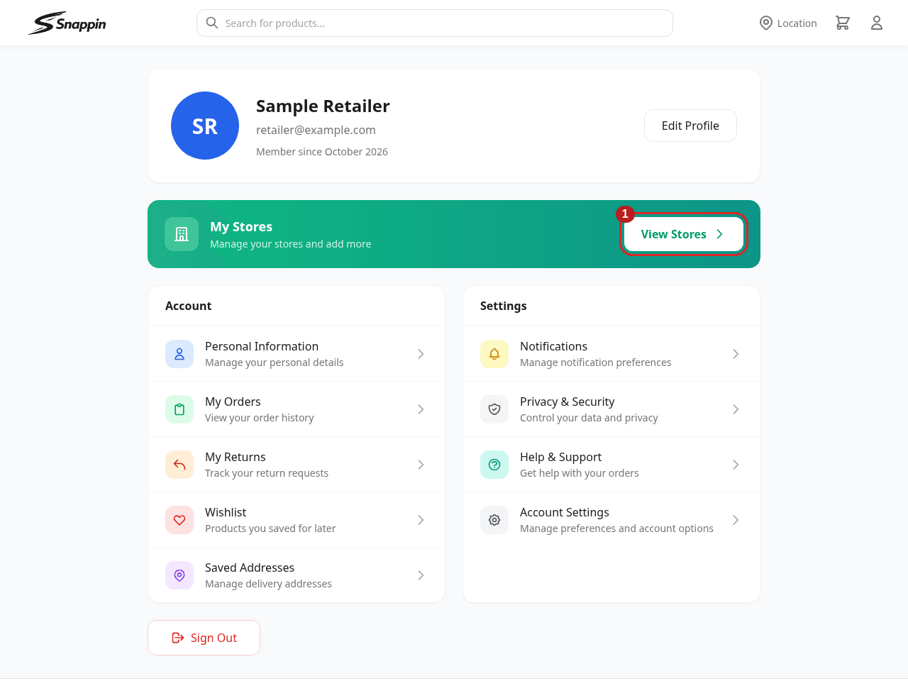 1 — View Stores opens the list of shops you own. New accounts may instead see a Create Store action.